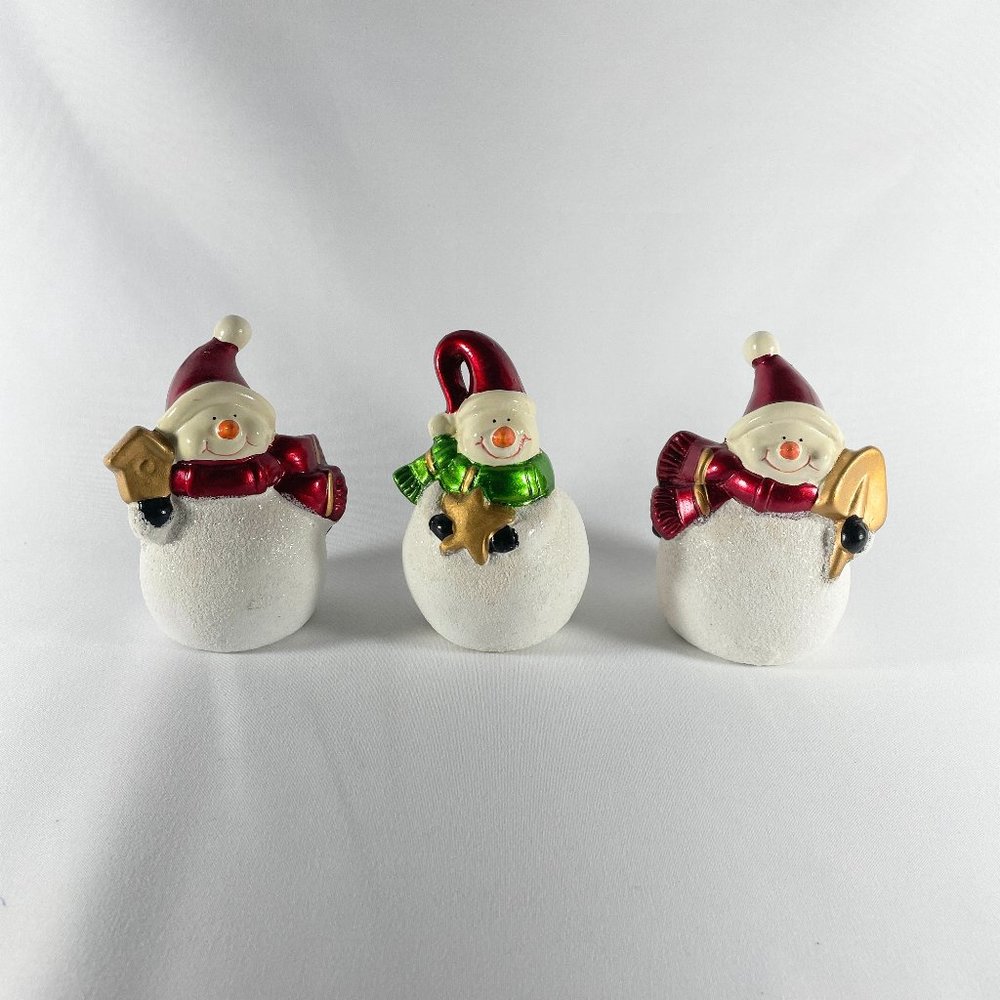 A Trio of NEW Cute and Colorful Hand Painted Ceramic Snowmen in Festive Attire
